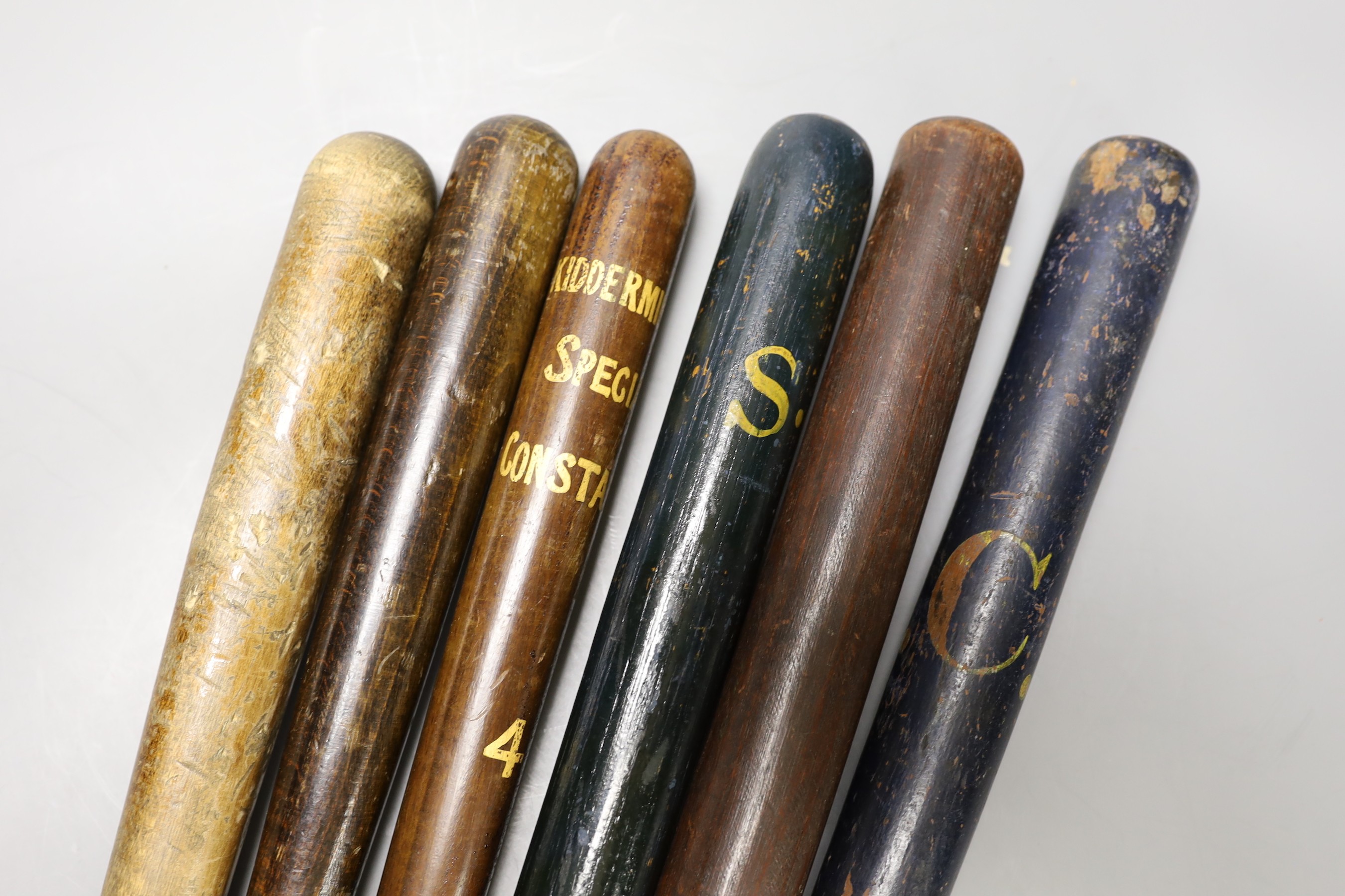 Six early 19th century and later truncheons, three painted.